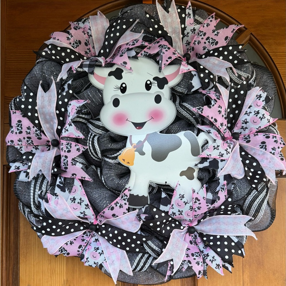 18 “ Grapevine Whimsical Cow-Themed Wreath with Pink and Black Accents